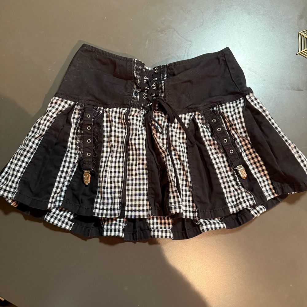 Tripp nyc Black and White Mini Skater Skirt with Ruffled Pleats and Tie Front